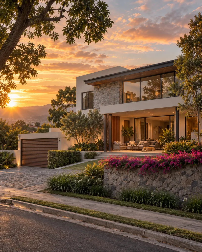 La fachada de una casa familiar iluminada por el sol del atardecer