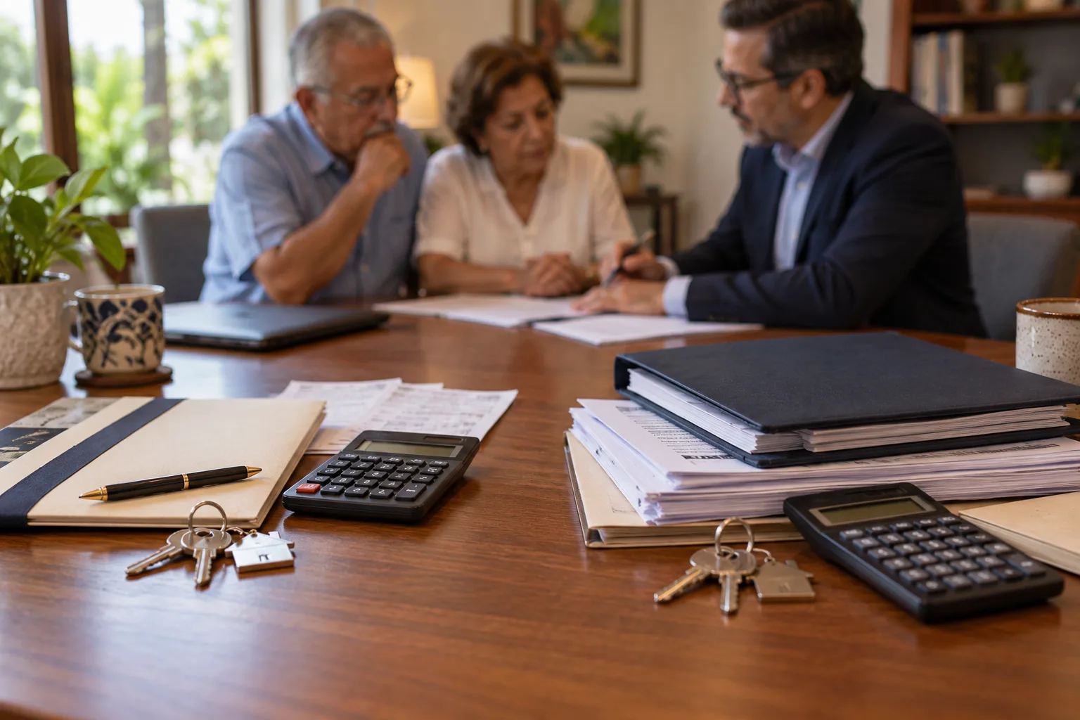 Pareja mayor revisando con un profesional los costos de donar o heredar una casa